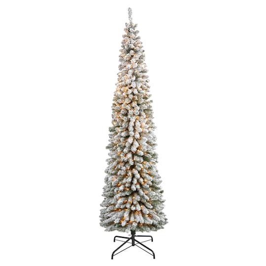 8ft. Pre-Lit Flocked Pencil Artificial Christmas Tree with Clear LED Lights